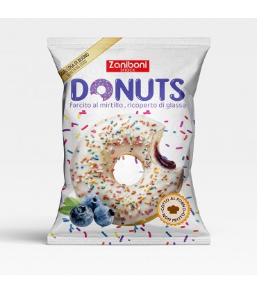 DONUTS FARCITO AL MIRTILLO E RICOPERTO DI CIOCCOLATO BIANCO  DA 60G CARTONE DA 18 PZ.