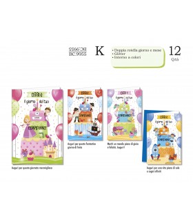 Biglietto CROMO COMPLEANNO CON DOPPIA ROTELLA GIORNO E MESE  INTERNO A COLORI CONF. 12 PZ. ASSORTITI