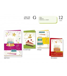 Biglietto CROMO COMPLEANNO CON ORO RILIEVO E  INTERNO A COLORI CONF. 12 PZ. ASSORTITI