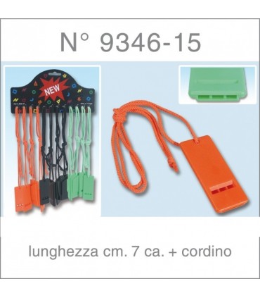 Fischietto in Plastica ultrapiatto con Cordino Cartella da 12 pz. colori assortiti