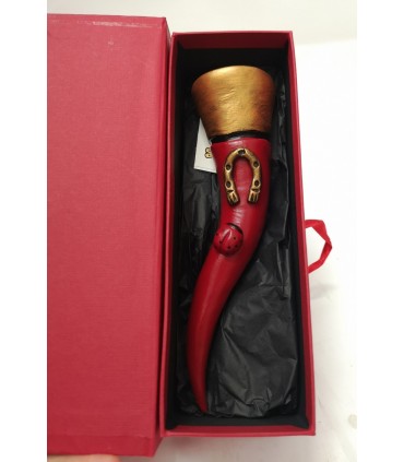Corno Corona Doppia in Ceramica Rosso Grande  con Ferro di Cavallo e Coccinella H. 19 cm Realizzato e Dipinto a mano