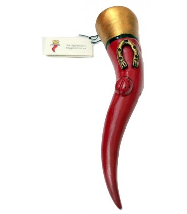 Corno Corona Doppia in Ceramica Rosso Grande  con Ferro di Cavallo e Coccinella H. 19 cm Realizzato e Dipinto a mano