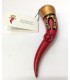 Corno Corona in Ceramica Rosso Grande con Ferro di Cavallo e Coccinella H. 11 cm Realizzato e Dipinto a mano