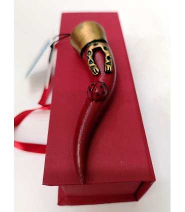 Corno Corona in Ceramica Rosso Grande con Ferro di Cavallo e Coccinella H. 11 cm Realizzato e Dipinto a mano