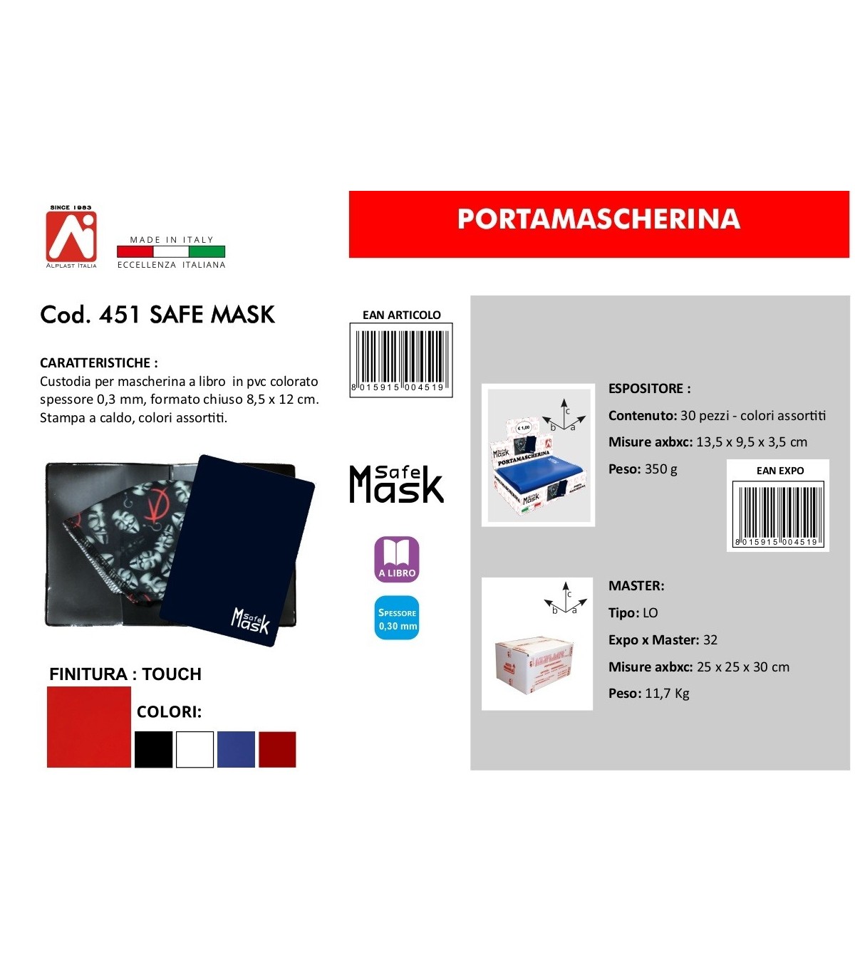 Custodia Porta Mascherine a Libro in PVC F.to 17.5x12 cm conf. 50 pz.  colori assortiti