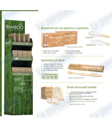 Espositore da Terra Bamboo con Disci Stuccanti-Bastoncini Cosmetici e Classici eS pazzolino da Denti Totale 85 pz.