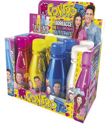 Borraccia in Alluminio Glitterate Me Contro Te da 500ml  Expo da 8 pz. colori assortiti