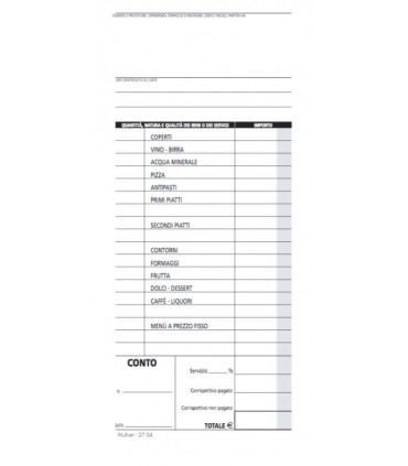 Blocco Conto Ristorante e Pizzerie da 50 Pagine da 2 Copie Mis.22x10