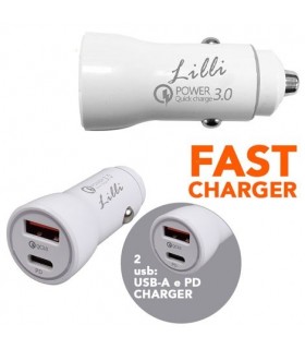 Caricatore per Auto con due prese USB e  USB-C  colore Bianco