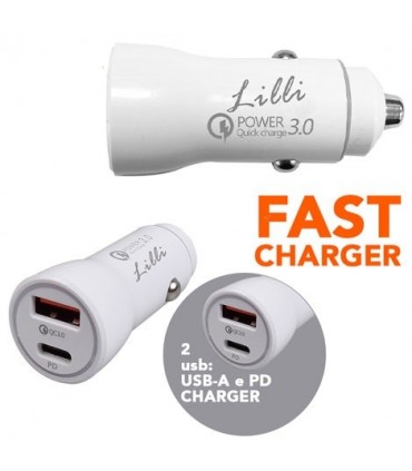 Caricatore per Auto con due prese USB e  USB-C  colore Bianco