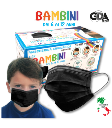 Mascherine Chirurgiche Protettive BAMBINI GDA COLORE NERO Tipo II Monouso conf. 50 pz. (imballate in blister da 10 pz.)