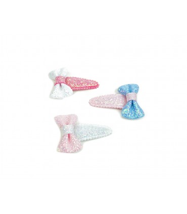 Fermagli Clic Clac BAMBINA a Becco Le Kikke CON FIOCCO E GLITTER Conf. 12 pz. assortiti come da foto