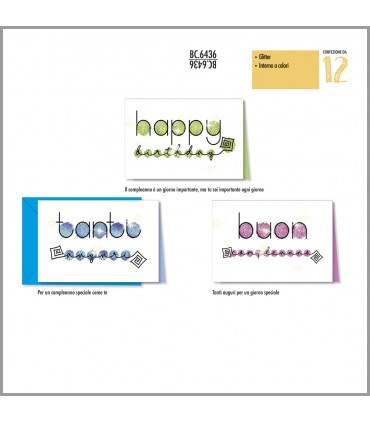 Biglietto Cromo buon compleanno lettering con glitter conf. 12 pz.