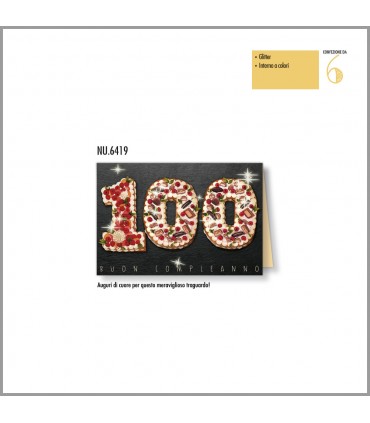 Biglietto Cromo Compleanno 100 Anni CON GLITTER conf. 6 pz. monosoggetto