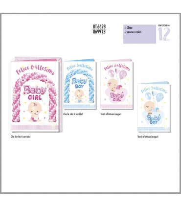 Biglietto Cromo BATTESIMO BAMBINA CON GLITTER CONF. 12 PZ. ASSORTITI