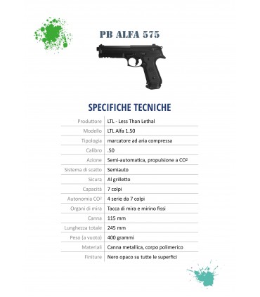 PISTOLA SEMIAUTOMATICA A GAS COMPRESSO ALFA 575 PAIN&BALL CALIBRO 50 CAPACITA' 7 COLPI