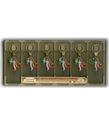 Corno Portafortuna Rosa con Mano e Quadrifoglio in Metallo Artigianale e Smaltato a Mano Cartella da 6 pz.