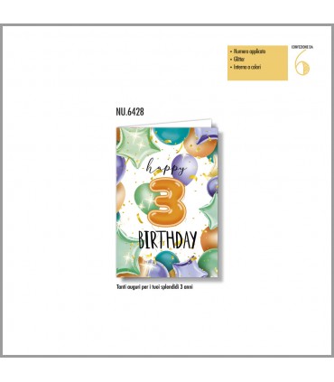 Biglietto Cromo COMPLEANNO 3 ANNI CON APPLICAZIONI CONF. 6 PZ. MONOSOGGETTO