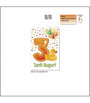BIGLIETTO CROMO BUON COMPLEANNO 3 ANNI CONF. 6 PZ. MONOSOGGETTO