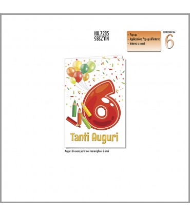 BIGLIETTO CROMO BUON COMPLEANNO 6 ANNI CONF. 6 PZ. MONOSOGGETTO