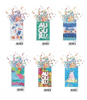 Biglietto MarpimAR COMPLEANNO CON CORIANDOLI E GLITTER Conf. 12 pz. assortiti con 4 soggetti