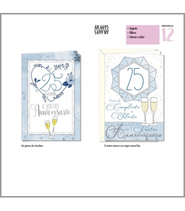 Biglietti CROMO 25° ANNIVERSARIO con rilievo  conf. 12 pz. assortiti
