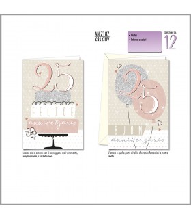 bigliettO CROMO 25° ANNIVERSARIO con GLITTER conf. 12 pz. assortiti