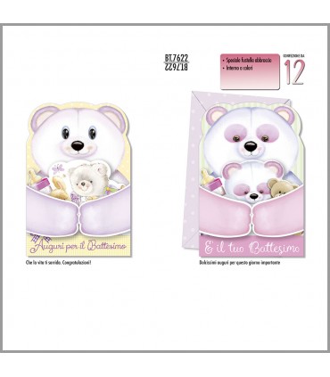 Biglietto Cromo BATTESIMO ORSETTO CON FUSTELLA  BAMBINA Conf. 12 pz. assortiti