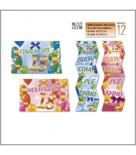 Biglietto Cromo Compleanno 18 Anni DA APPENDERE CON NASTRINO F.TO APERTO 16X62CMconf. 12 pz. assortiti
