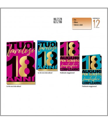 Biglietto Cromo Compleanno 18 Anni CON LAVORAZIONI IN ORO CONF. 12 pz. assortiti