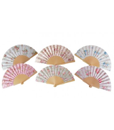 Ventagli in tessuto con manico in legno naturale conf. 12 pz. assortiti come in foto