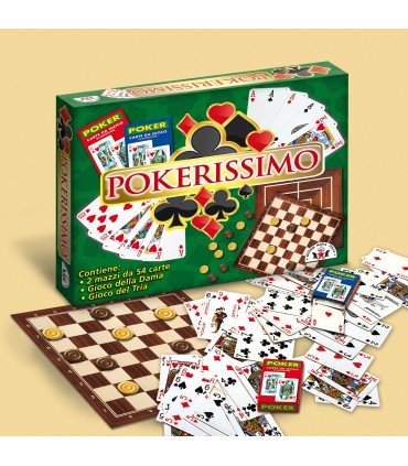 GIOCO POKERISSIMO CON 2 MAZZI DA 54 CARTE E DAMA CON FICHES IN PLASTICA