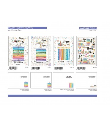 BIGLIETTO BUON COMPLEANNO MARPIMAR CON foil ORO E RILIEVO CONF. 12 PZ. ASSORTITI