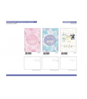 BIGLIETTO NASCITA MARPIMAR CON foil ORO E RILIEVO CONF. 12 PZ. ASSORTITI
