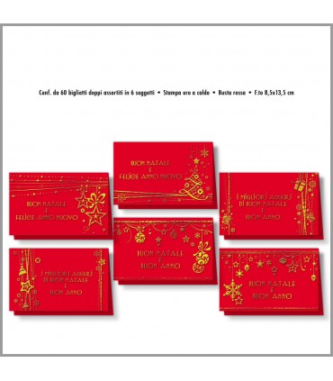 CARTONCINI AUGURALI di natale DOPPI ROSSI CONF. 60 PZ. ASSortiti in 6 soggetti