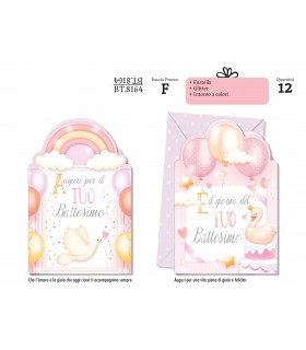 Biglietto CROMO BATTESIMO BAMBINA CON FUSTELLA ROSA E GLITTER CONF. 12 PZ. ASSORTITI