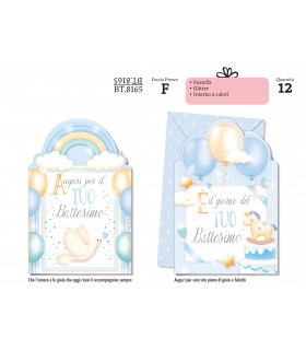 Biglietto CROMO BATTESIMO BAMBINO CON FUSTELLA AZZURRA E GLITTER CONF. 12 PZ. ASSORTITI