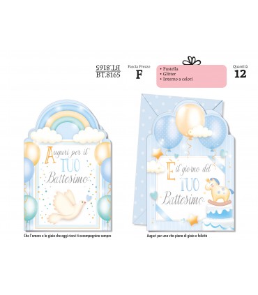 Biglietto CROMO BATTESIMO BAMBINO CON FUSTELLA AZZURRA E GLITTER CONF. 12 PZ. ASSORTITI