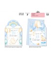 Biglietto CROMO BATTESIMO BAMBINO CON FUSTELLA AZZURRA E GLITTER CONF. 12 PZ. ASSORTITI