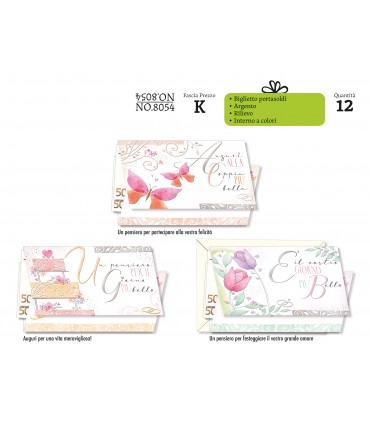 Biglietto CROMO NOZZE PORTASOLDI CON LAVORAZIONI IN ARGENTO E RILIEVO  CONF. 12 PZ. ASSORTITI