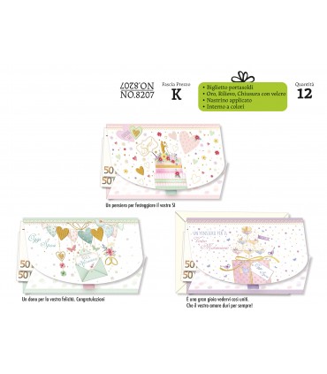 Biglietto CROMO NOZZE PORTASOLDI CON CHIUSURA IN VELCRO CONF. 12 PZ. ASSORTITI