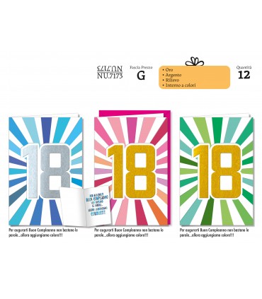 Biglietto CROMO COMPLEANNO 18 ANNI CON RILIEVO CONF. 12 PZ. ASSORTITI
