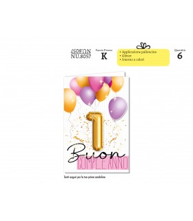 Biglietto CROMO COMPLEANNO 1 ANNO CON APPLICAZIONI ROSA CONF. 6 PZ.