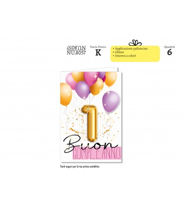 Biglietto CROMO COMPLEANNO 1 ANNO CON APPLICAZIONI ROSA CONF. 6 PZ.