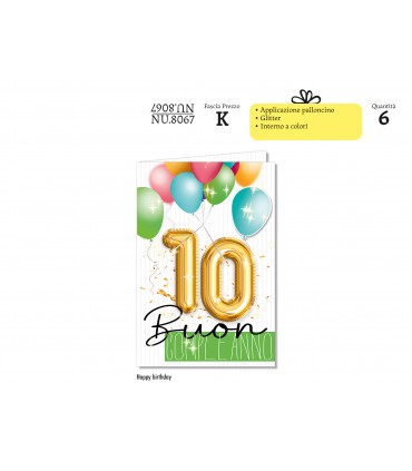 Biglietto CROMO COMPLEANNO 10 ANNI CON APPLICAZIONI E GLITTER CONF. 6 PZ.