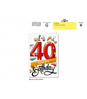 Biglietto CROMO COMPLEANNO 40 ANNI CON GLITTER CONF. 6 PZ.