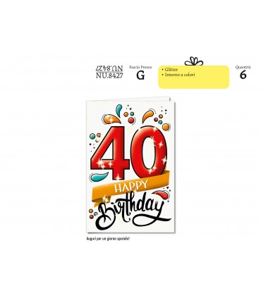 Biglietto CROMO COMPLEANNO 40 ANNI CON GLITTER CONF. 6 PZ.