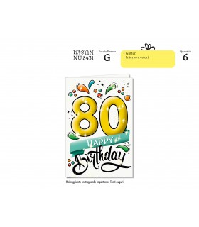 Biglietto CROMO COMPLEANNO 80 ANNI CON GLITTER CONF. 6 PZ.