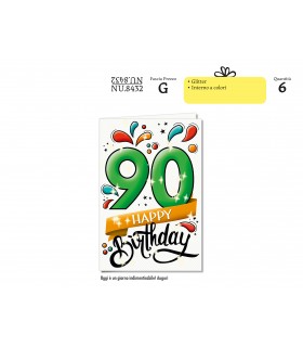 Biglietto CROMO COMPLEANNO 90 ANNI CON GLITTER CONF. 6 PZ.
