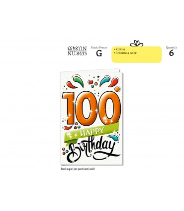 Biglietto CROMO COMPLEANNO 100 ANNI CON GLITTER CONF. 6 PZ.